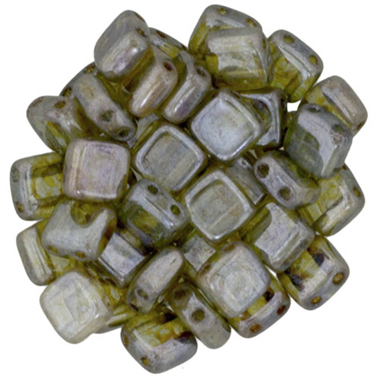 2-Hole TILE Beads 6mm CzechMates LUSTER TRANSPARENT GREEN (Strand of 50)