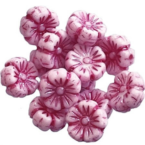 Czech Glass Beads Hibiscus Flower 9mm SHIMMER WASH PEONY PINK