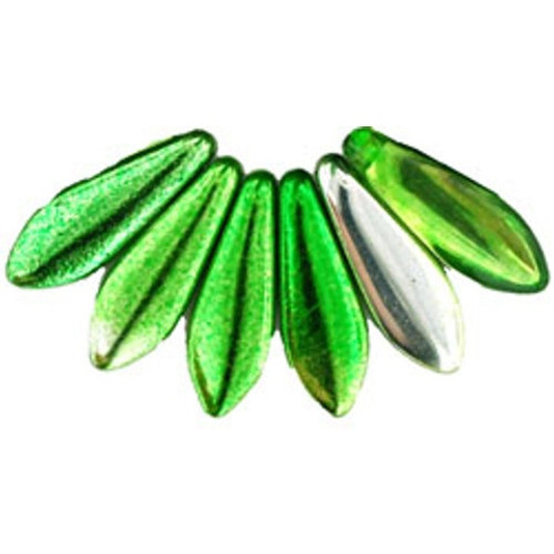 Czech Glass Dagger Beads 16x5mm METALLIC GREEN SILVER HALFCOAT