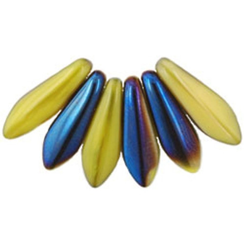 Czech Glass Dagger Beads 16x5mm BLUE IRIS YELLOW CORAL
