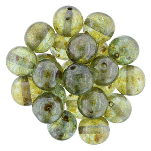 Bead, Czech glass druk, transparent clear and glow-in-the-dark, 8mm round.  Sold per 8-inch strand, approximately 25 beads. - Fire Mountain Gems and  Beads