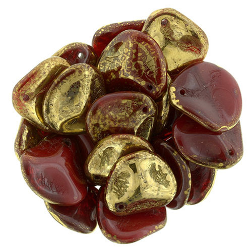 Rose Petal Czech Glass Beads 14x13mm GOLD OXBLOOD