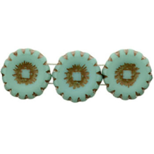 Sunflower Czech Glass Beads 12mm TURQOISE BROWN INLAY