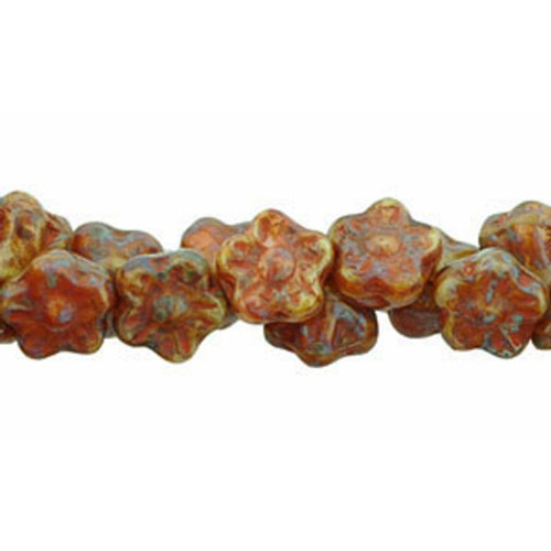 Button Style Flower Czech Glass Beads 7mm OPAQUE ORANGE WHITE PICASSO