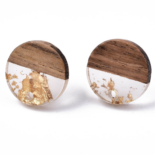 EARRING POSTS RESIN & WOOD ROUND  15mm Clear Gold Foil