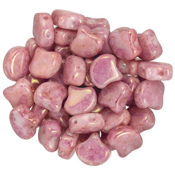 2-Hole GINKGO LEAF Czech Glass Beads  Topaz/Pink Luster - Opaque White