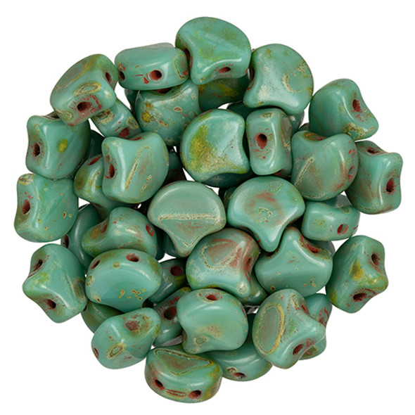 2-Hole GINKGO LEAF Czech Glass Beads  Turquoise - Picasso
