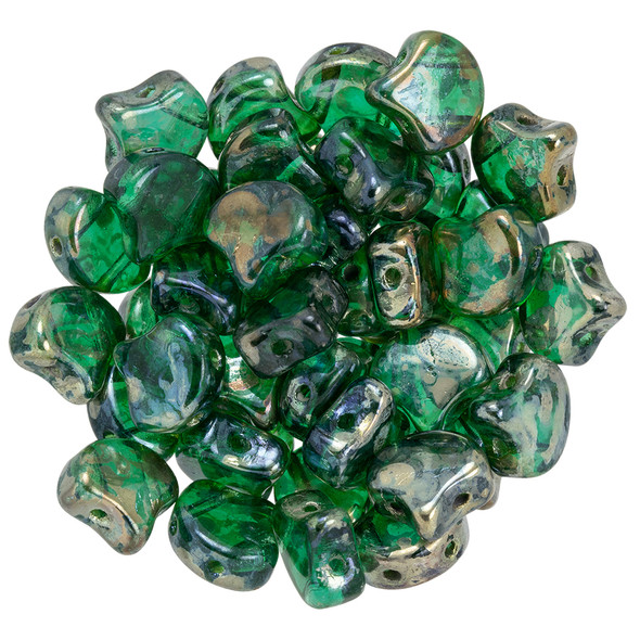 2-Hole GINKGO LEAF Czech Glass Beads  Emerald - Rembrandt