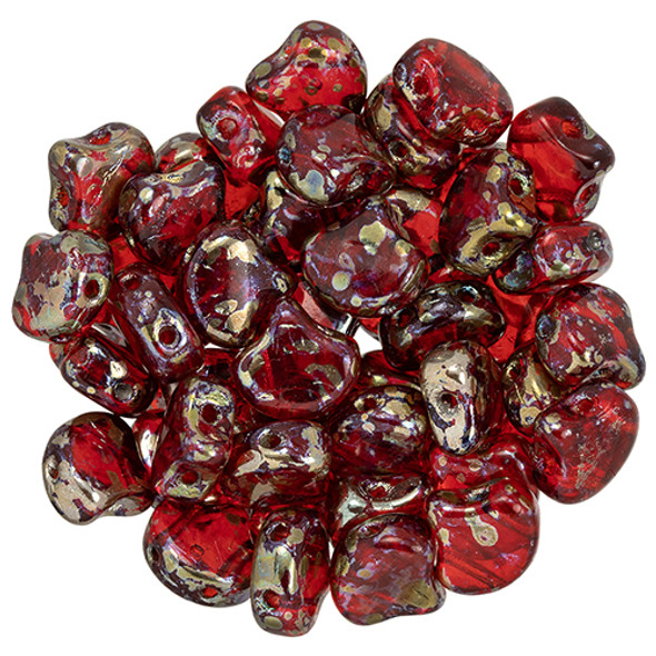 2-Hole GINKGO LEAF Czech Glass Beads  Siam Ruby - Rembrandt