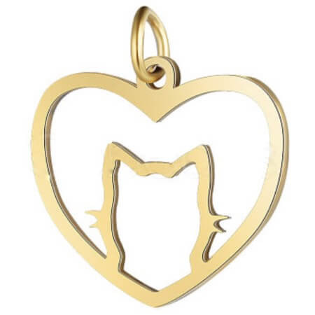 Charm-HEART w/CAT-17x20mm Gold Plated Stainless Steel