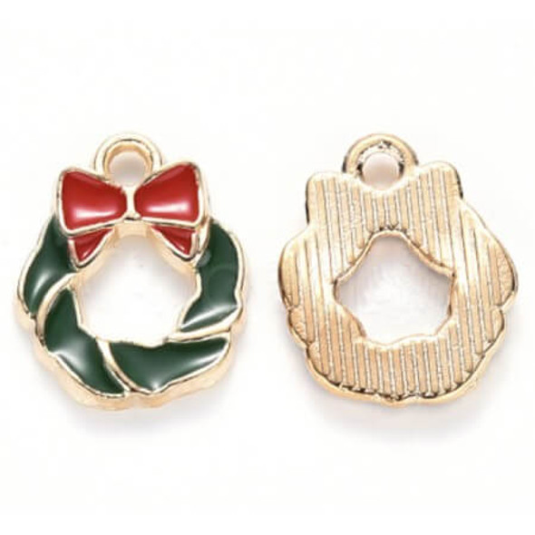 Charm-CHRISTMAS WREATH WITH BOWKNOT-15x12mm Enamel Plated