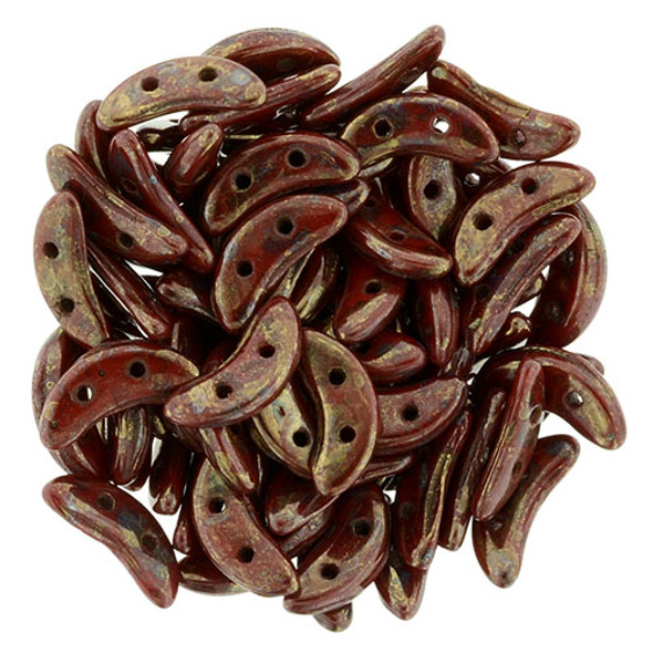 2-Hole Crescent Beads OPAQUE RED BRONZE PICASSO