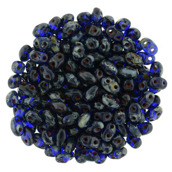 MiniDuo 2x4mm 2-Hole Czech Glass Beads COBALT PICASSO