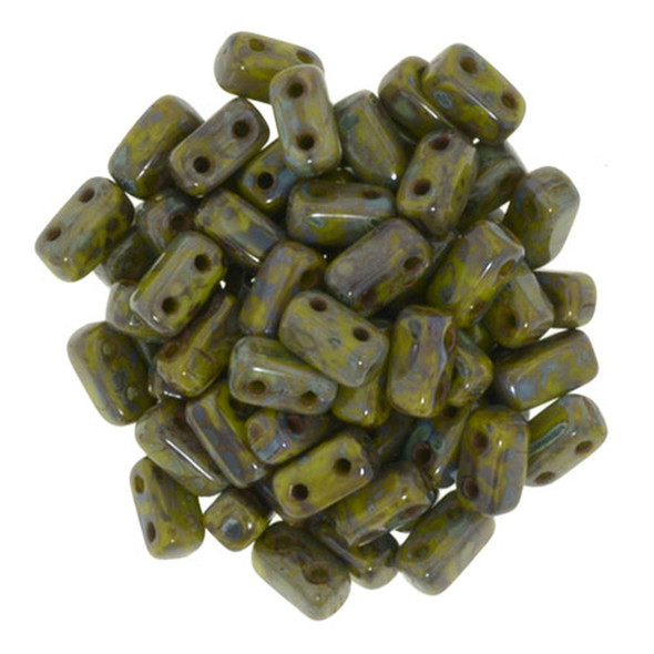 2-Hole Brick Beads 6x3mm CzechMates OPAQUE OLIVE PICASSO