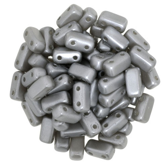 2-Hole Brick Beads 6x3mm CzechMates PEARL COAT SILVER