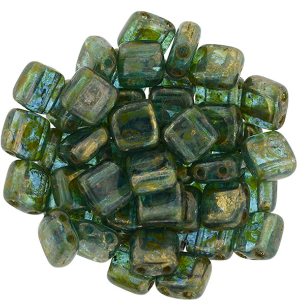 2-Hole TILE Beads 6mm CzechMates TEAL BRONZE PICASSO
