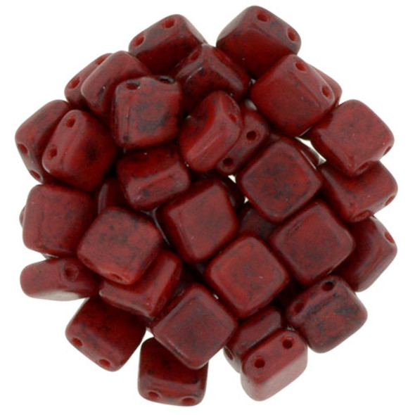 2-Hole TILE Beads 6mm CzechMates OPAQUE RED  BLACK PICASSO