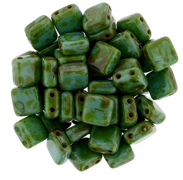 2-Hole TILE Beads 6mm CzechMates TURQUOISE PICASSO