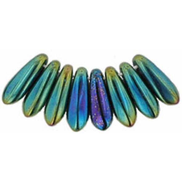 Czech Glass Dagger Beads 10x3mm IRIS GREEN