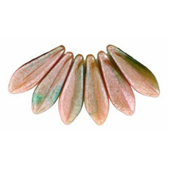 Czech Glass Dagger Beads 16x5mm LUSTER PINK CORAL OLIVINE