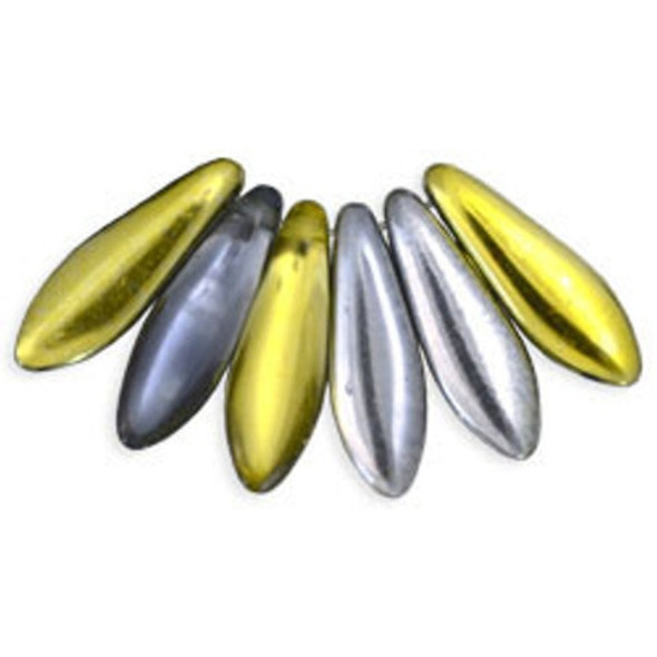 Czech Glass Dagger Beads 16x5mm YELLOW GOLD SILVER HALFCOAT