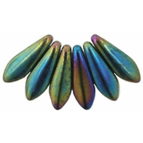 Czech Glass Dagger Beads 16x5mm IRIS GREEN