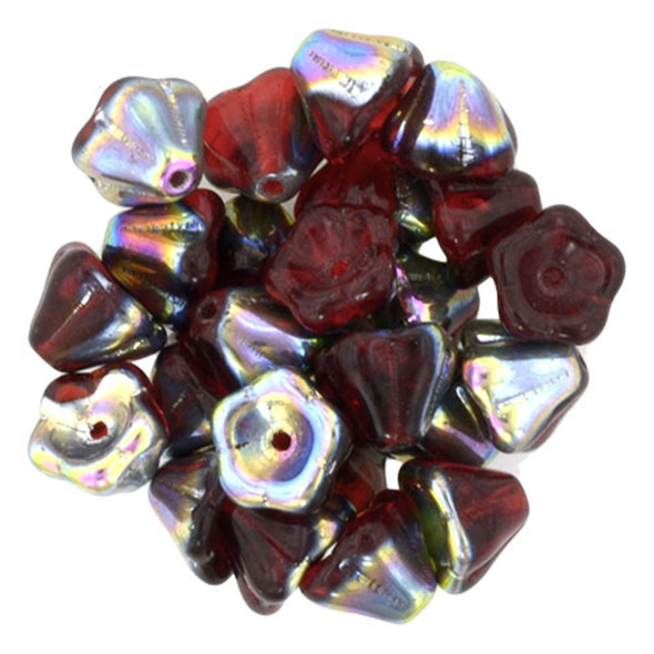 Bell Flower Czech Glass Beads 8x6mm SIAM RUBY VITRAIL