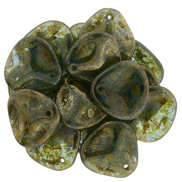 Rose Petal Czech Glass Beads 14x13mm AQUAMARINE BRONZE PICASSO