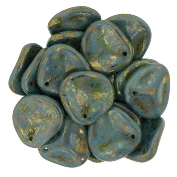 Rose Petal Czech Glass Beads 14x13mm TURQUOISE BRONZE PICASSO