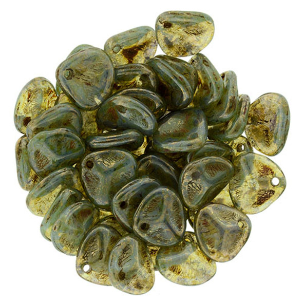 Rose Petal Czech Glass Beads 8x7mm MILKY PERIDOT BRONZE PICASSO