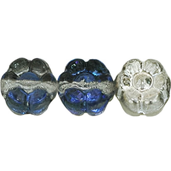 Flower Czech Glass Beads 7x4mm SILVER BLUE CRYSTAL