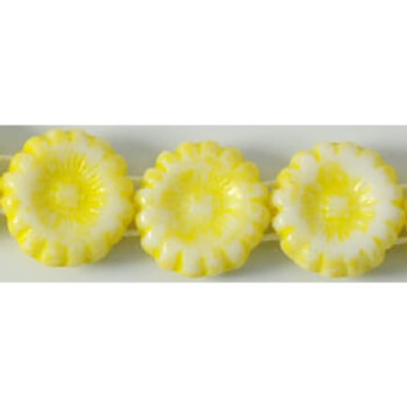 Sunflower Czech Glass Beads 12mm OPAQUE WHITE YELLOW PICASSO