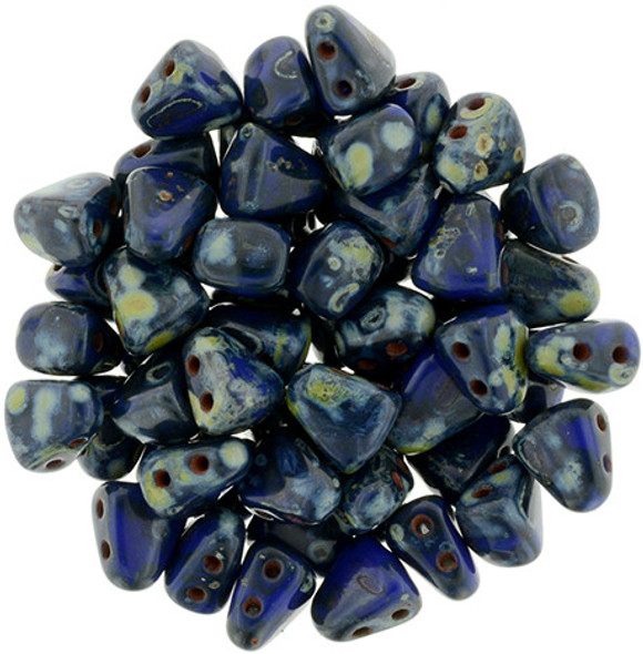 2-Hole NIB-BIT 6x5mm Czech Glass Beads OPAQUE BLUE PICASSO