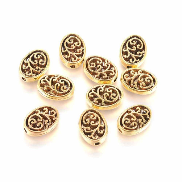 TIBETAN STYLE FLAT OVAL BEAD 12mm Antique Gold