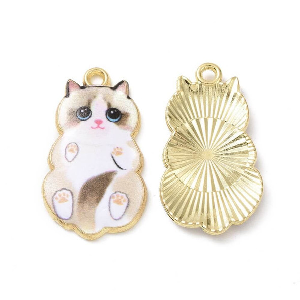 Charm-PRINTED CAT-25x14mm- Tan Lt. Gold Enamel Plated