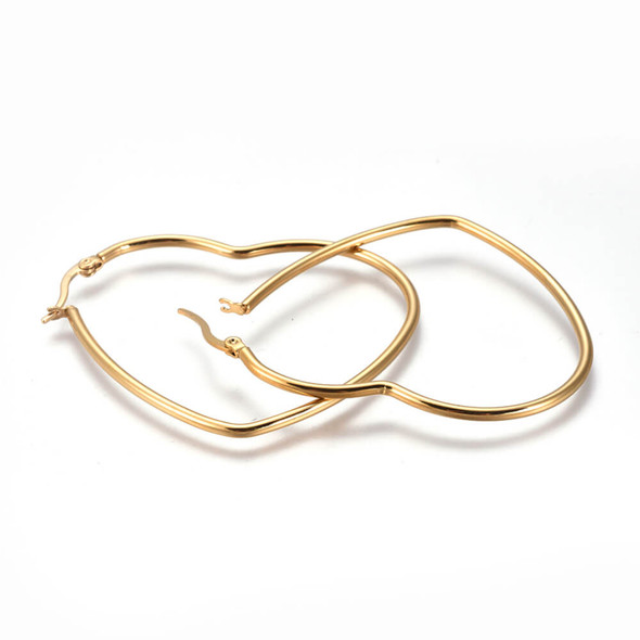 Gold Plated Stainless Steel HEART EARRING HOOPS 55mm