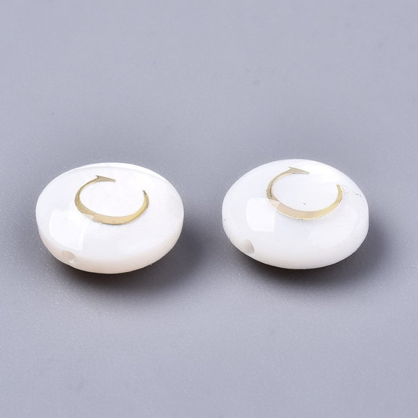 Natural Freshwater Shell Beads with Golden Alphabet Letter C - 8mm Flat Round