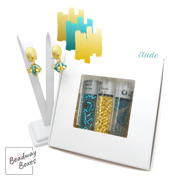 Tiny Diamond Dangle Earrings ETUDE TEAL GOLD Seed Beads Set