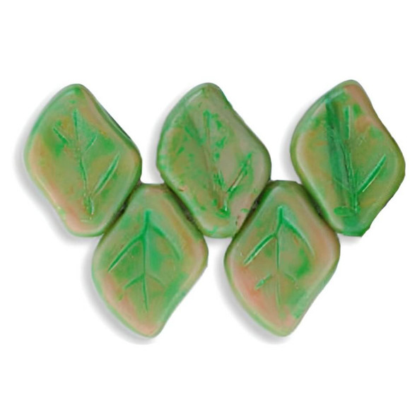 LEAF Czech Glass Beads CORAL PINK OLIVINE GREEN PICASSO 12x9mm