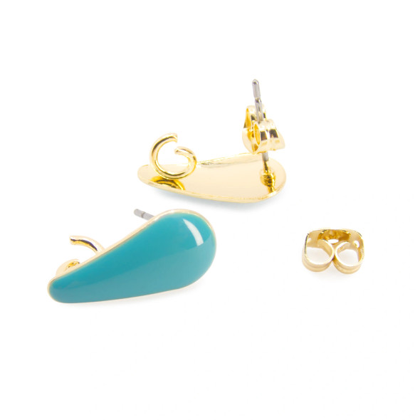 EARRING POSTS Teardrop w/Turquoise Enamel and Back Loop 8x17mm Gold Plated