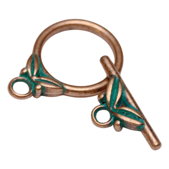 TOGGLE CLASP-Twin Leaf-22x16mm Antique Copper Green Patina