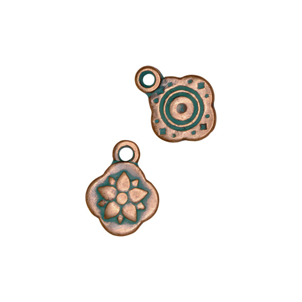 Charm-ROUNDED SQUARE W/ FLOWER-10mm Antique Copper Green Patina