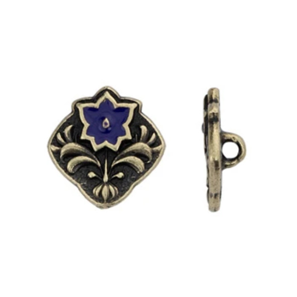 Tierracast BUTTON Square Flower with Lilac Enamel Antique Brass Plated