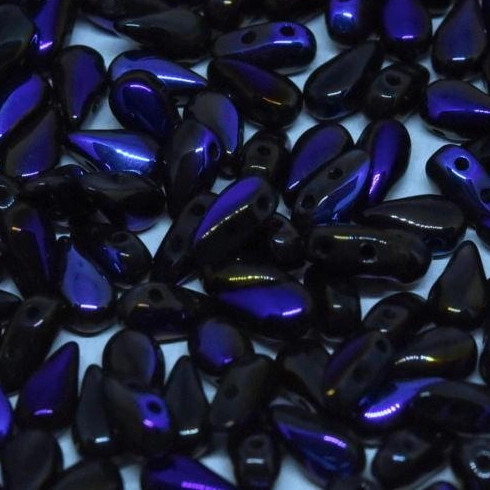 2-Hole DropDuo Czech Glass Beads 3x6mm JET FULL AZURO