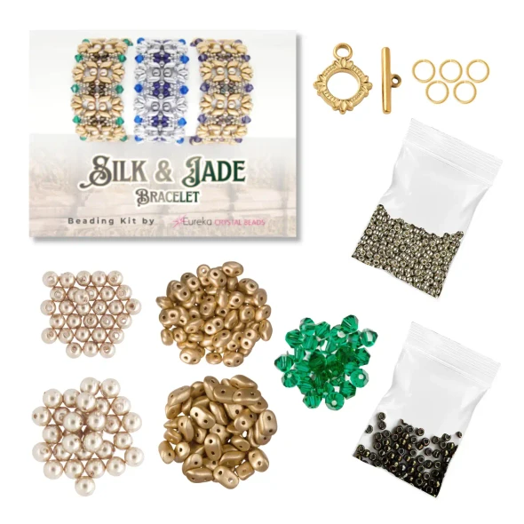 Silk & Jade Bracelet Beading Kit Emerald & Pale Gold contents