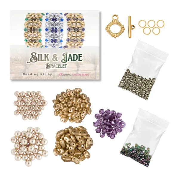 Silk & Jade Bracelet Beading Kit Tanzanite & Pale Gold contents
