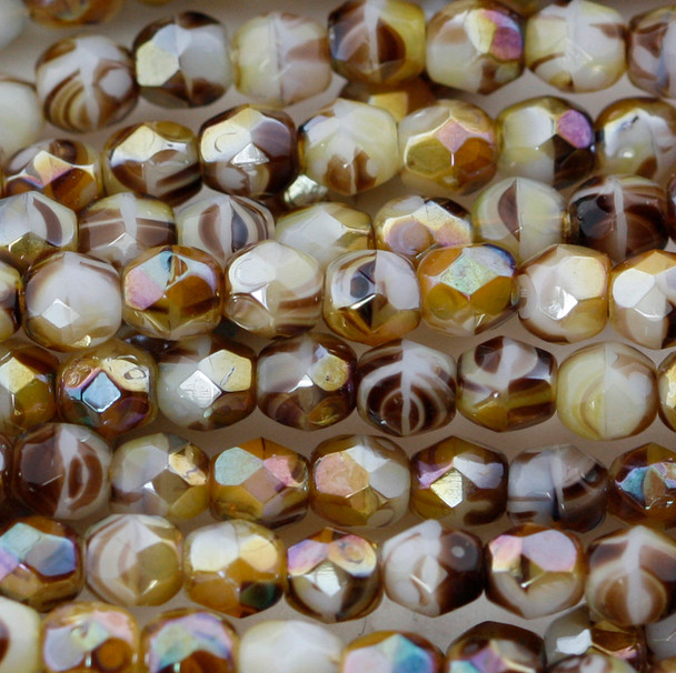Firepolish 4mm Czech Glass Beads TORTOISE LUSTER PICASSO (Strand of 50)