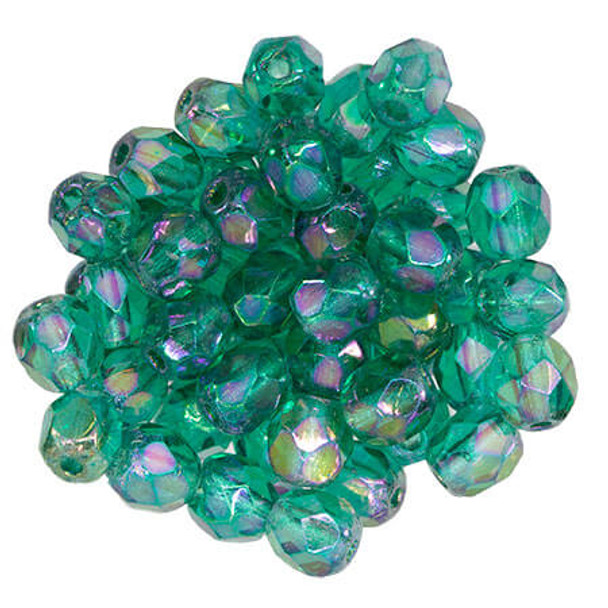 Round 4mm Firepolish Beads LUSTER IRIS EMERALD Czech Glass