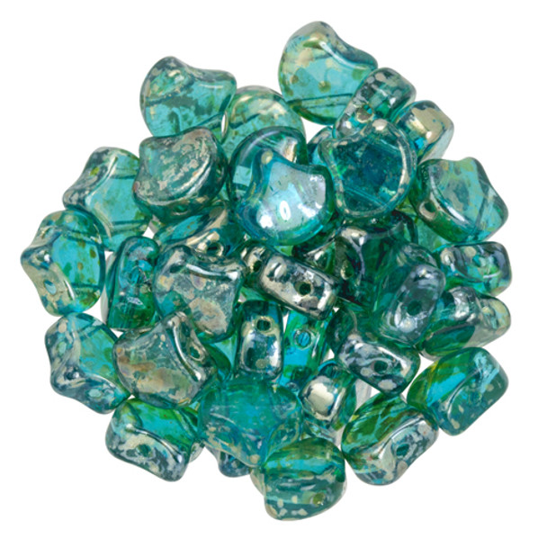 2-Hole GINKGO LEAF Czech Glass Beads  Aquamarine - Rembrandt