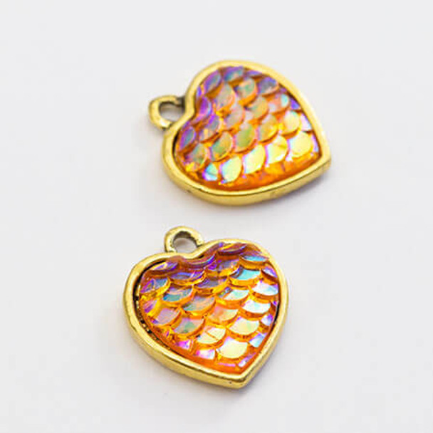 Charms-MERMAID HEART-16x13mm-Orange AB Antique Gold Plated